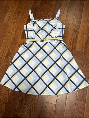 Dress Barn Light Blue Plaid Sundress with Yellow Belt Size 12